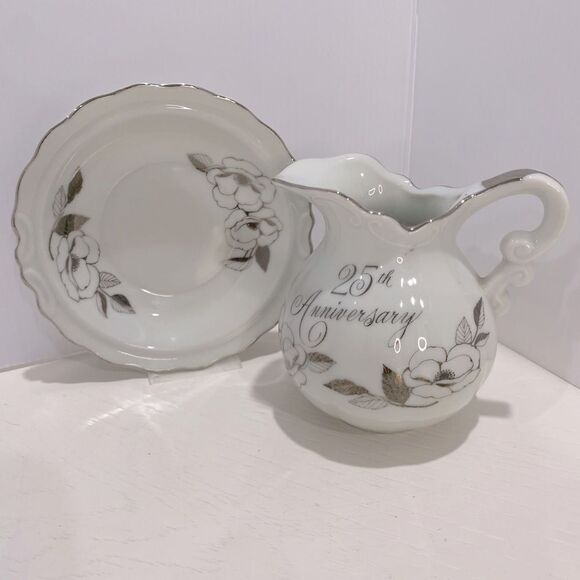 Georgian Fine China 25th Anniversary Miniature Pitcher & Bowl Silver Trim - Picture 1 of 12